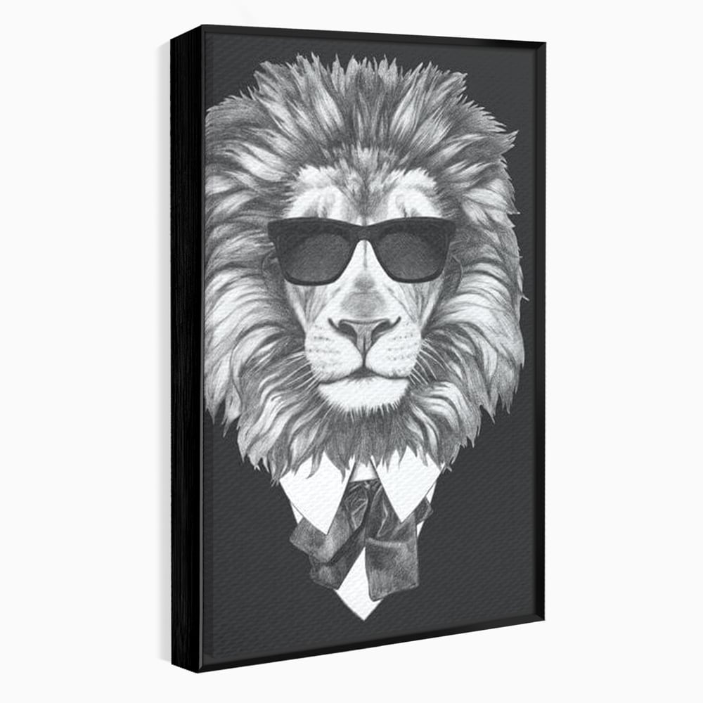 Tablou canvas cu tablou canvas cu leu in costum si ochelari, in rama de aluminiu negru
